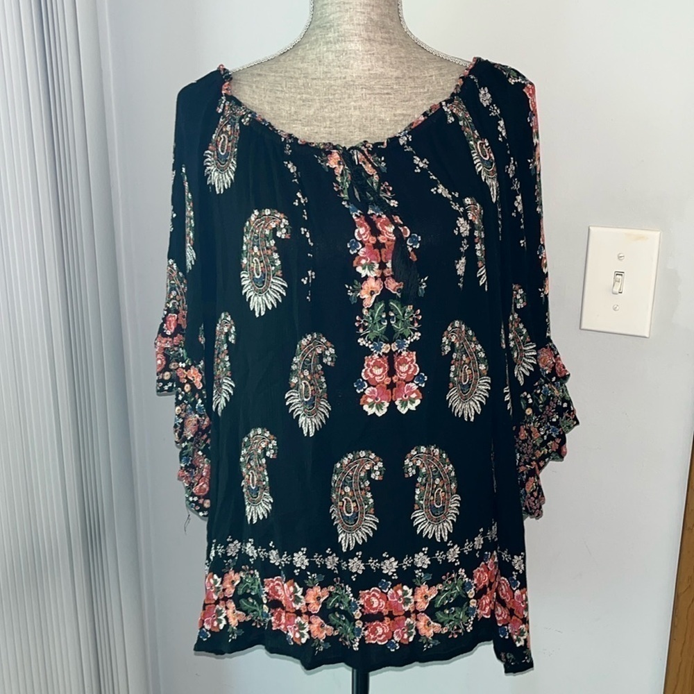 bila Womens Peasant Top XL Black Paisley Print 3/4 Length Flutter Sleeves Rayon